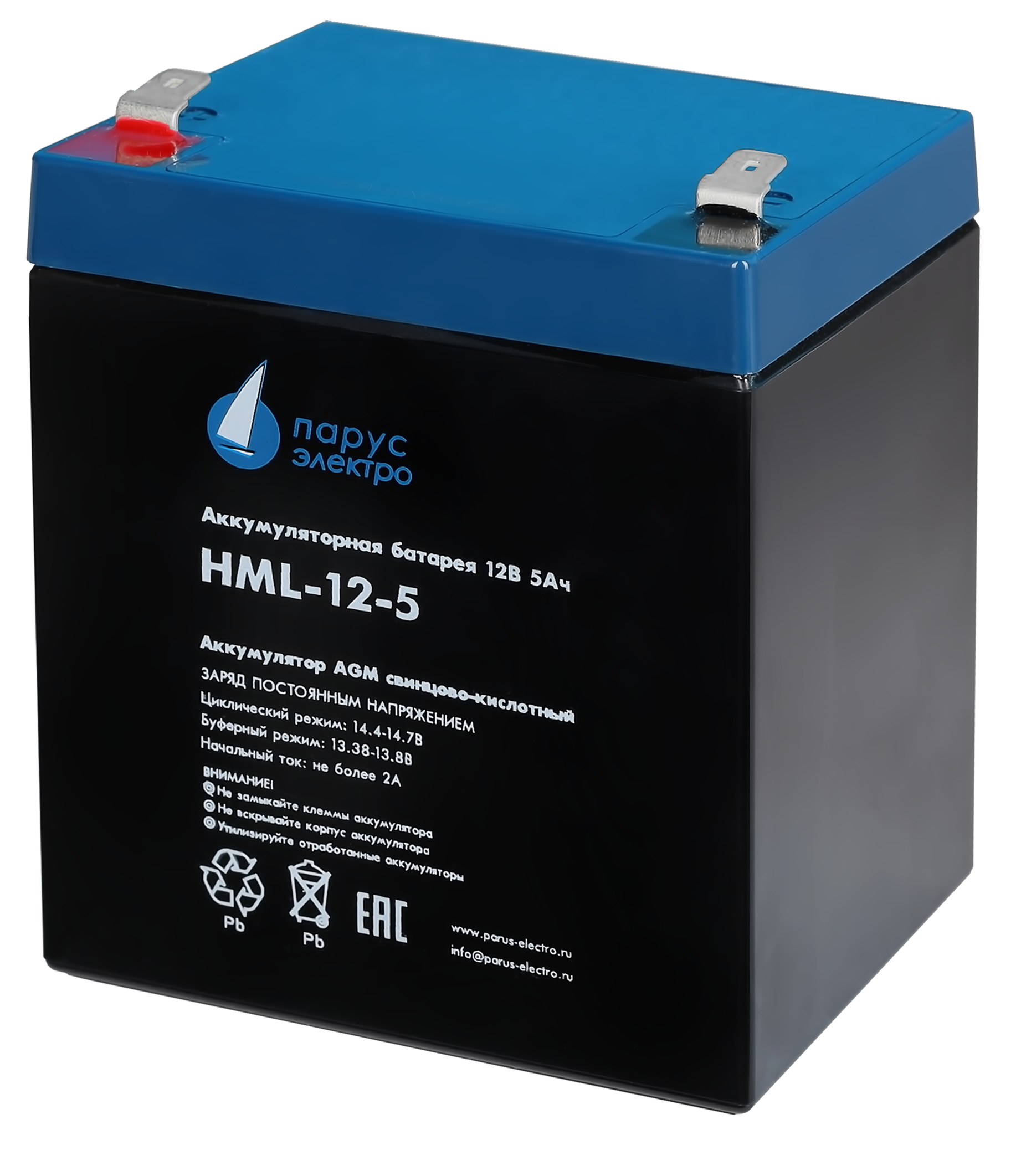 Battery Parus Electro, professional series HML-12-5, voltage 12V, capacity 5.2Ah (discharge 20 hours), max. discharge current (5sec) 75A, max. charge current 2A, lead-acid type AGM, terminals F2, LxWxH 90x70x101mm., total height with terminals 107mm., weight 1.95kg., service life 12 years.