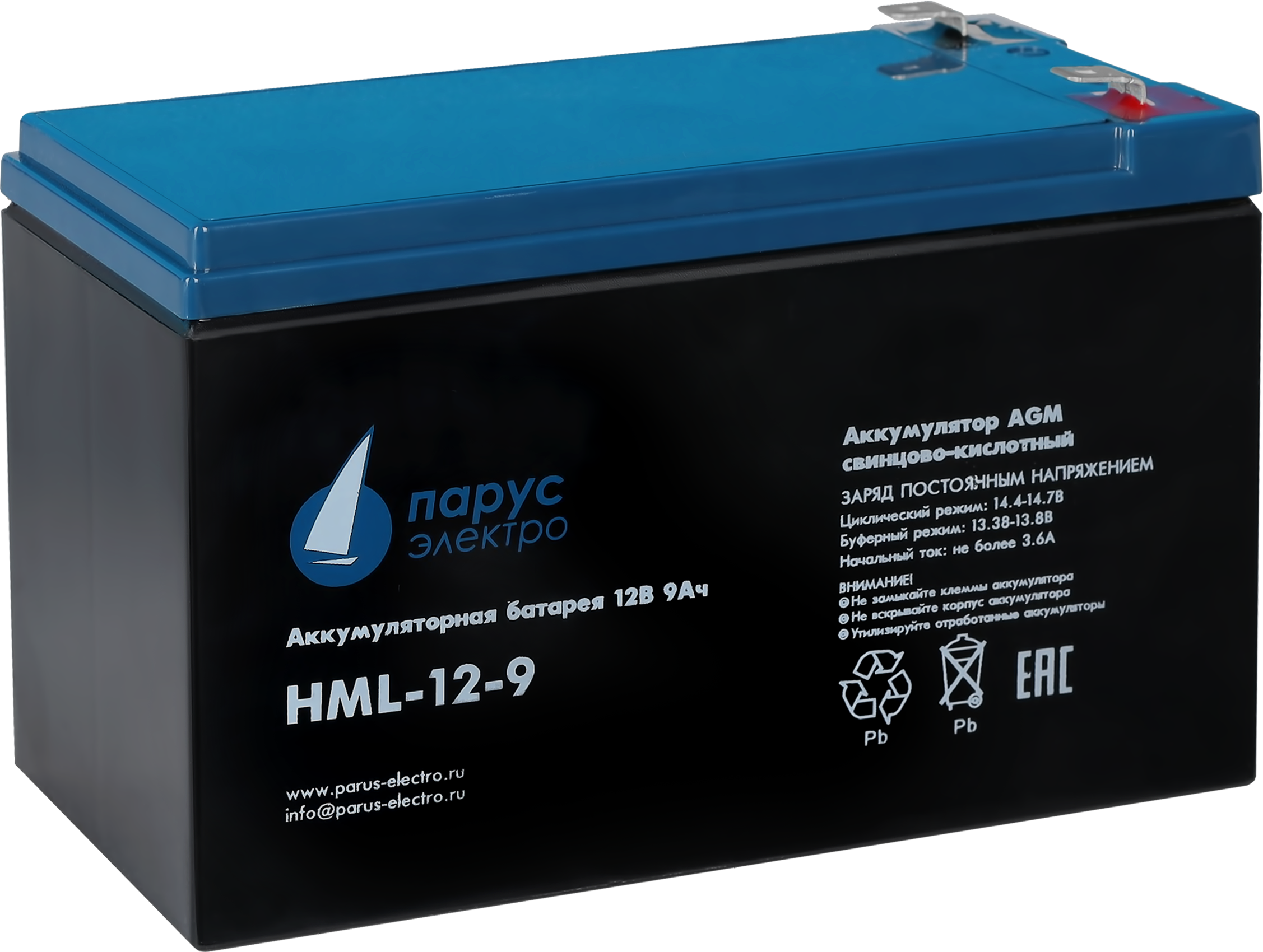 Battery Parus Electro, professional series HML-12-9, voltage 12V, capacity 9Ah (discharge 20 hours), max. discharge current (5sec) 135A, max. charge current 3.6A, lead-acid type AGM, terminals F2, LxWxH 151x65x94mm., total height with terminals 101mm., weight 2.9kg., service life 12 years.