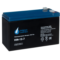Battery Parus Electro, standard series HM-12-7, voltage 12V, capacity 7.2Ah (discharge 20 hours), max. discharge current (5sec) 105A, max. charge current 2.88A, lead-acid type AGM, terminals F2, LxWxH 151x65x94mm., total height with terminals 100mm., weight 2.4kg., service life 6 years.