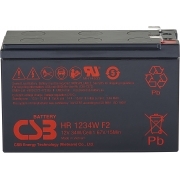 Battery CSB series GP, HR1234W F2, voltage 12V, capacity 34 W/C at 15 min. discharge to U fin. - 1.67 V/Cel at 25°C, (discharge 20 hours), max. discharge current (5 sec.) 130A, short circuit current 349A, max. charge current 3.4A, lead-acid type AGM, terminals F2, LxWxH 150.9x64.8x98.6mm., weight 2.5kg., service life 5 years.