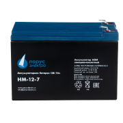 Battery Parus Electro, standard series HM-12-7, voltage 12V, capacity 7.2Ah (discharge 20 hours), max. discharge current (5sec) 105A, max. charge current 2.88A, lead-acid type AGM, terminals F2, LxWxH 151x65x94mm., total height with terminals 100mm., weight 2.4kg., service life 6 years.