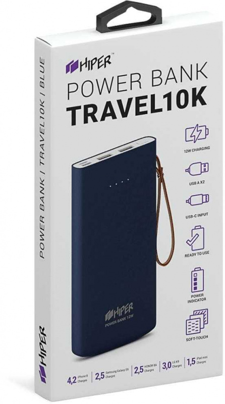 Мобильный аккумулятор Hiper Travel10K Li-Pol 10000mAh 2.4A+2.4A синий 2xUSB