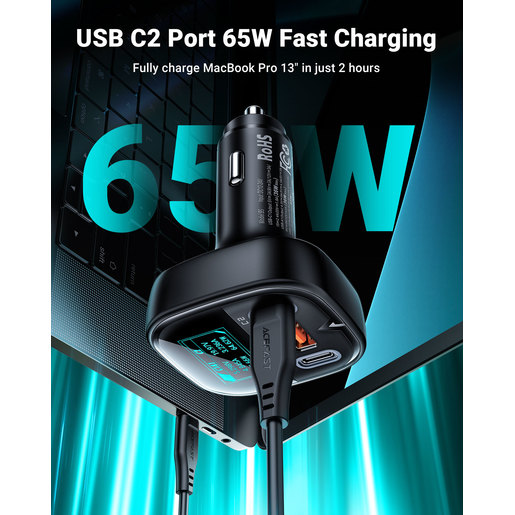 Автомобильное зарядное устройство ACEFAST B5 101W 2C+A metal car charger с умным OLED дисплеем (AF-B5-BK)