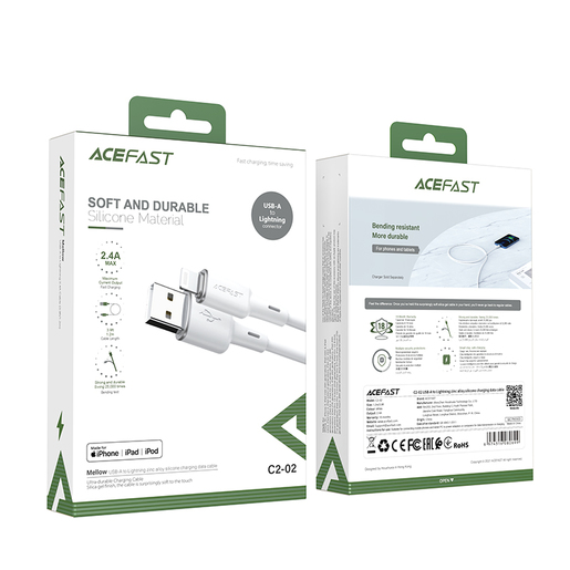 Кабель ACEFAST C2-02 USB-A to Lightning zinc alloy silicone charging data cable для подзарядки и передачи данных. Цвет: белый
