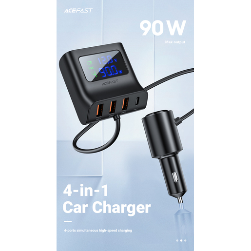 Хаб автомобильный ACEFAST B8 digital display car HUB charger с цифровым дисплеем и функцией подзарядки. Цвет: черный