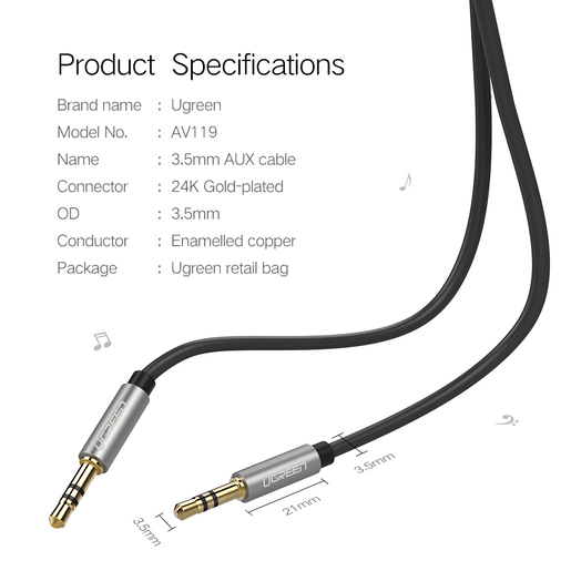 Кабель UGREEN AV119 (10733) 3.5mm Male to 3.5mm Male Cable. Длина: 1м. Цвет: черный