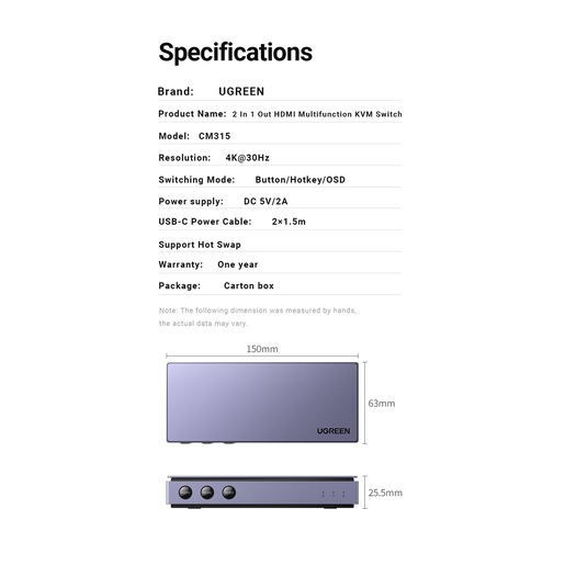Переключатель UGREEN HDMI 2*1 KVM Multi Switcher With Splitscreen Function. CM315 (80187)