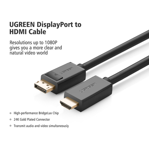 Кабель UGREEN DP101 (10204) DP Male to HDMI Male Cable. Длина: 5м. Цвет: черный