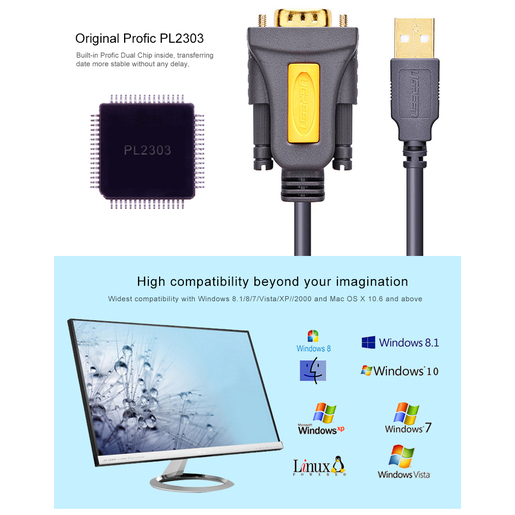 Адаптер UGREEN CR104 (20222) USB to DB9 RS-232 Adapter Cable. Длина 2 м. Цвет: серый