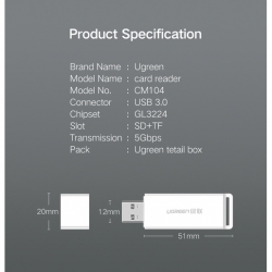 Кардридер UGREEN CM104 (40753) USB 3.0 to TF + SD Dual Card Reader. Цвет: белый
