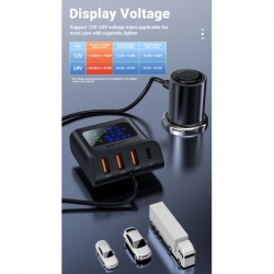 Хаб автомобильный ACEFAST B8 digital display car HUB charger с цифровым дисплеем и функцией подзарядки. Цвет: черный