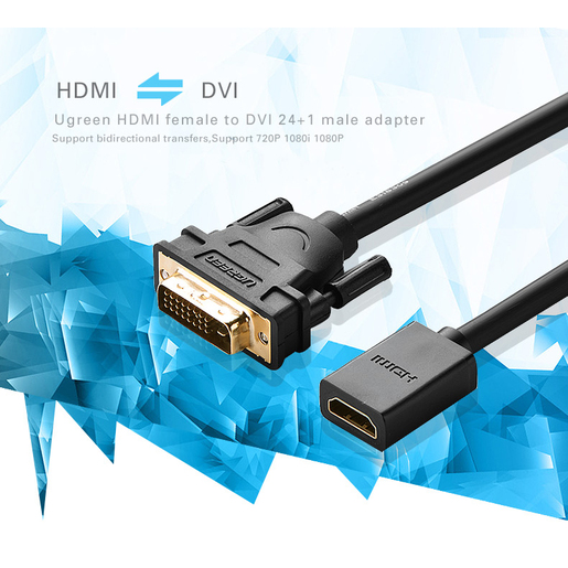 Адаптер DVI на HDMI UGREEN (20118) DVI Male to HDMI Female Adapter Cable. Длина 22 см. Цвет: черный