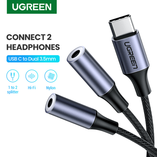 Разветвитель UGREEN AV144 (30732) USB Type C Male to 3.5mm 2 Female Audio Cable. Длина 20см. Цвет: серебристый