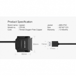 Конвертер UGREEN CR108 (20611) USB to SATA Hard Drive Converter Cable EU. Цвет: черный