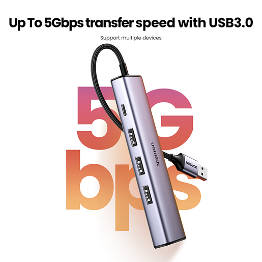 Конвертер UGREEN CM475 (60554) USB3.0 to 3×USB3.0 +RJ45 (1000M) Ethernet Adapter Type-C Po Wer Supply. Цвет: серый