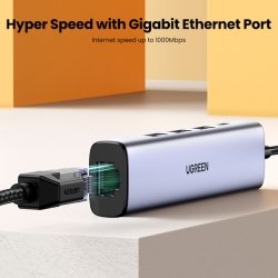 Конвертер UGREEN CM475 (60554) USB3.0 to 3×USB3.0 +RJ45 (1000M) Ethernet Adapter Type-C Po Wer Supply. Цвет: серый