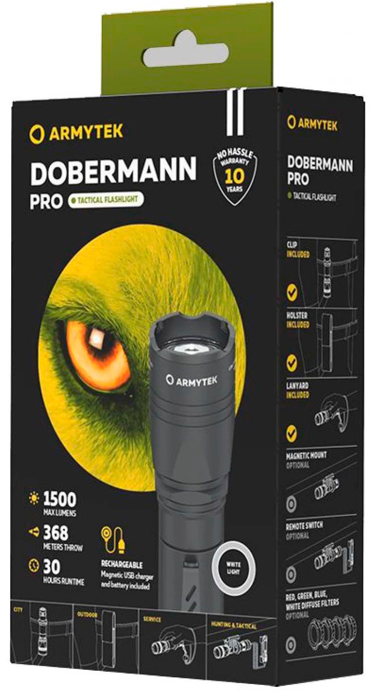 Фонарь такт. Armytek Dobermann Pro Magnet USB черный/белый лам.:светодиод. (F07501W)