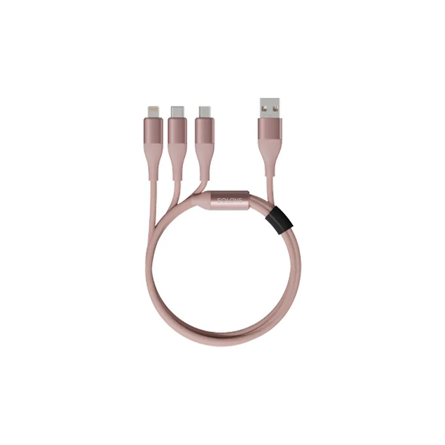 USB кабель 3 в 1 SOLOVE DW2 розовый RUS (Lightning, Micro USB, USB-C, 120см, 5V, 2.4А, в нейлоновой оплетке, тех.пакет)