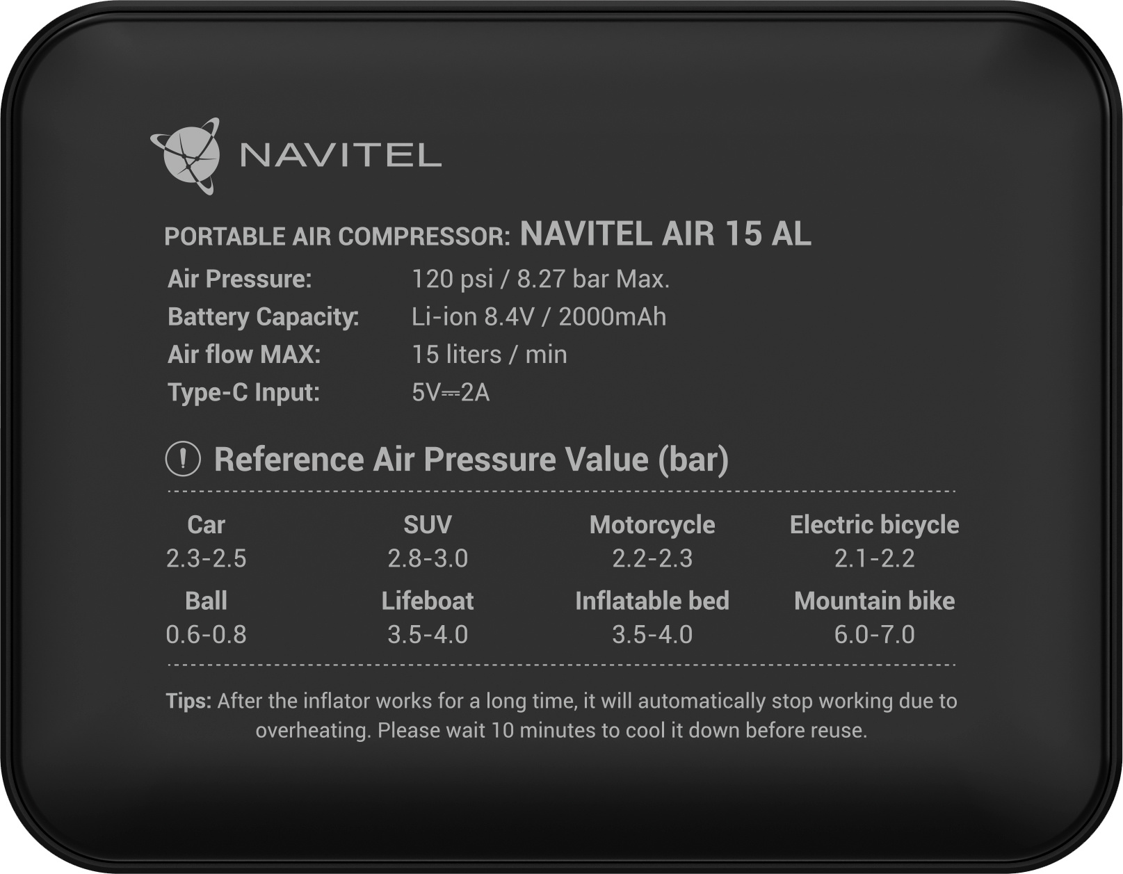 Автомобильный компрессор Navitel AIR 15 AL 15л/мин шланг 0.260м