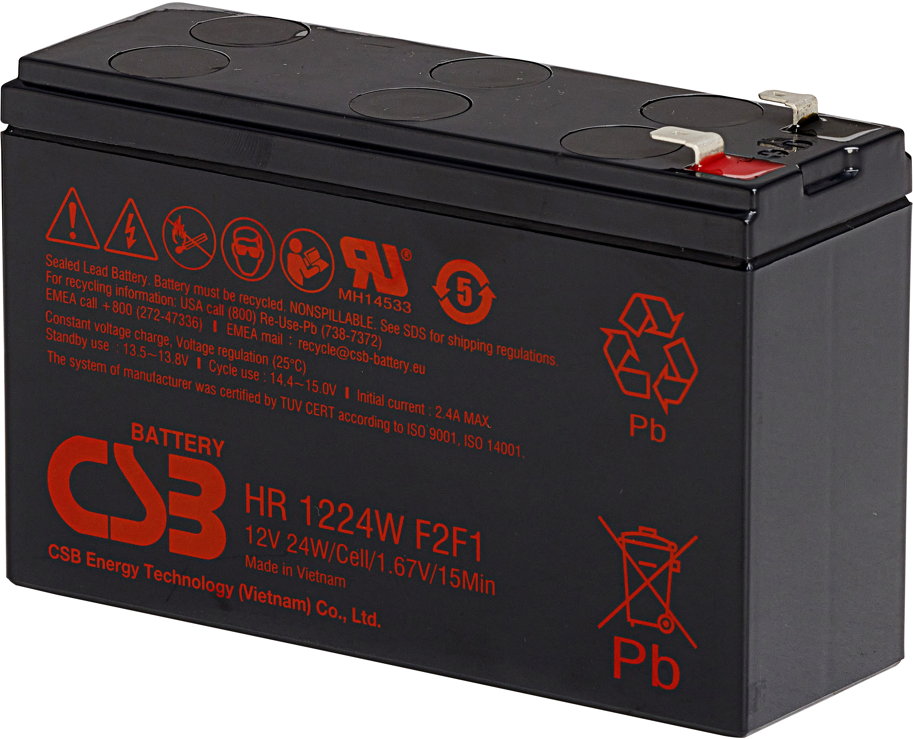 Battery CSB series GP, HR1224W F2 F1, voltage 12V, capacity 24 W/C at 15 min. discharge to U fin. - 1.67 V/Cel at 25°C, (discharge 20 hours), max. discharge current (5 sec.) 130A, short circuit current 260A, max. charge current 2.4A, lead-acid type AGM, terminals F1/F2, LxWxH 150.9x51x98.6mm., weight 1.95kg., service life 5 years.