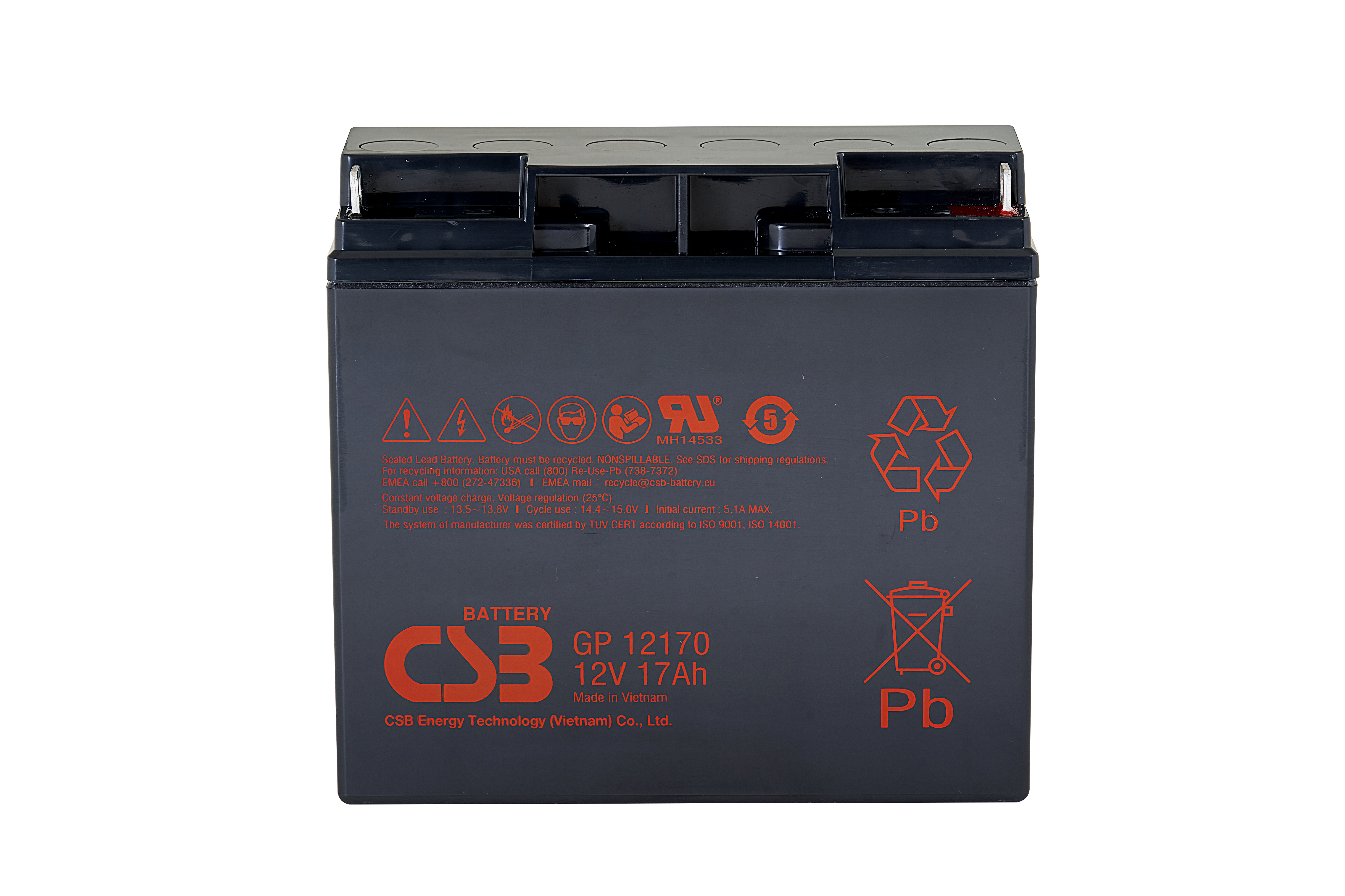Battery CSB series GP, GP12170 B3, voltage 12V, capacity 17Ah (discharge 20 hours), max. discharge current (5 sec.) 230A, short circuit current 532A, max. charge current 5.1A, lead-acid type AGM, terminals B3, for nut and bolt M6, LxWxH 181x76.2x167mm., weight 5.5kg., service life 5 years.