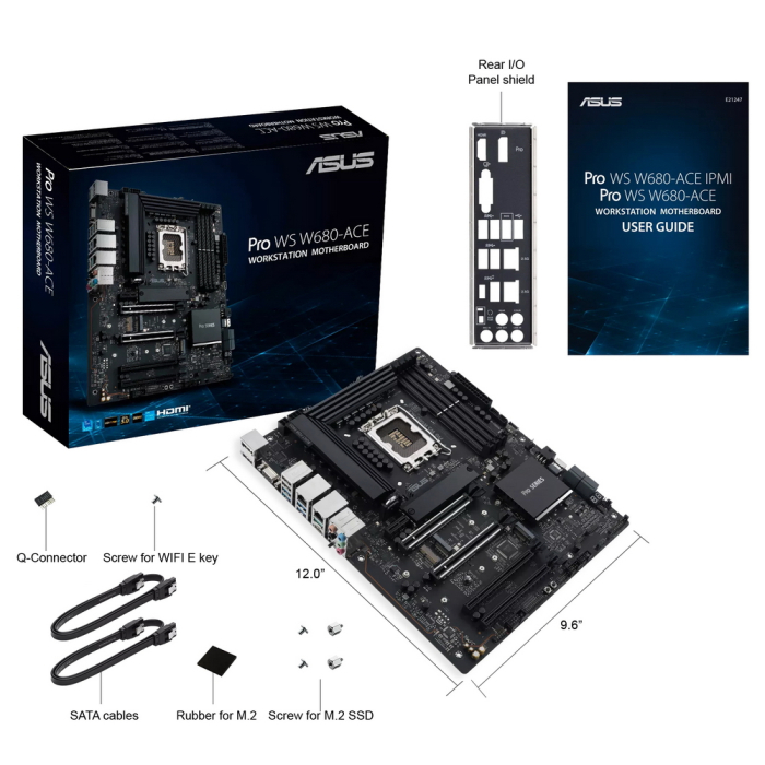 PRO WS W680-ACE Intel W680 (LGA 1700) ATX motherboard, PCIe® 5.0, DDR5, dual Intel 2.5 Gb Ethernet, three PCIe 4.0 M.2 slots, USB 3.2 Gen 2x2 front panel connector, SlimSAS, SATA 6 Gbps, HDMI®, DisplayPort and VGA