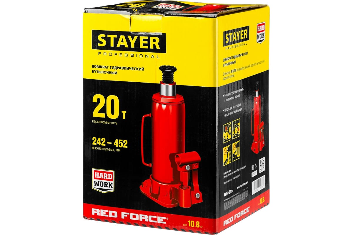 Гидравлический бутылочный домкрат STAYER Red Force, 20т 43160-20_z01