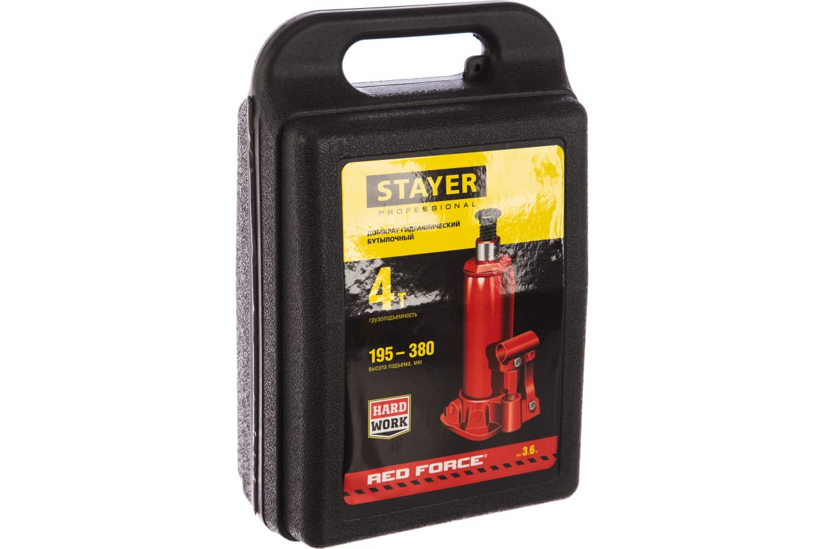 Гидравлический бутылочный домкрат STAYER RED FORCE, 4т, 195-380 мм, в кейсе, 43160-4-K 43160-4-K_z01