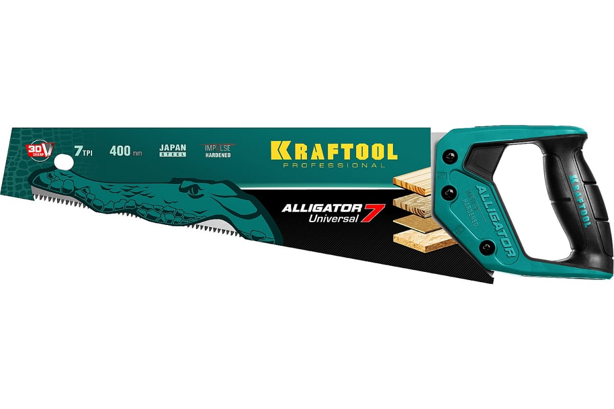 Ножовка KRAFTOOL Alligator Universal 7 универсальная, 400 мм, 7 TPI, 3D зуб, 15004-40_z01