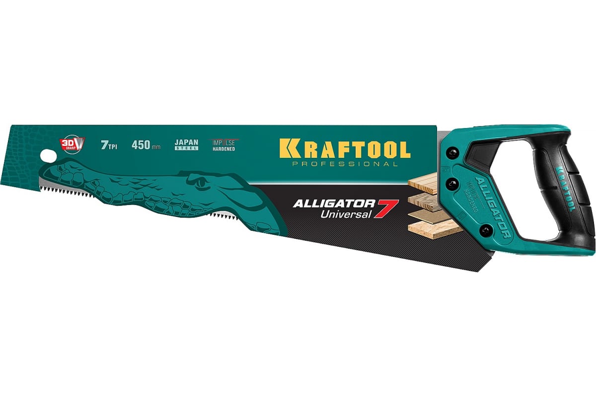 Ножовка KRAFTOOL Alligator 7 универсальная, 450 мм, 7 TPI, 3D зуб, 15004-45_z01