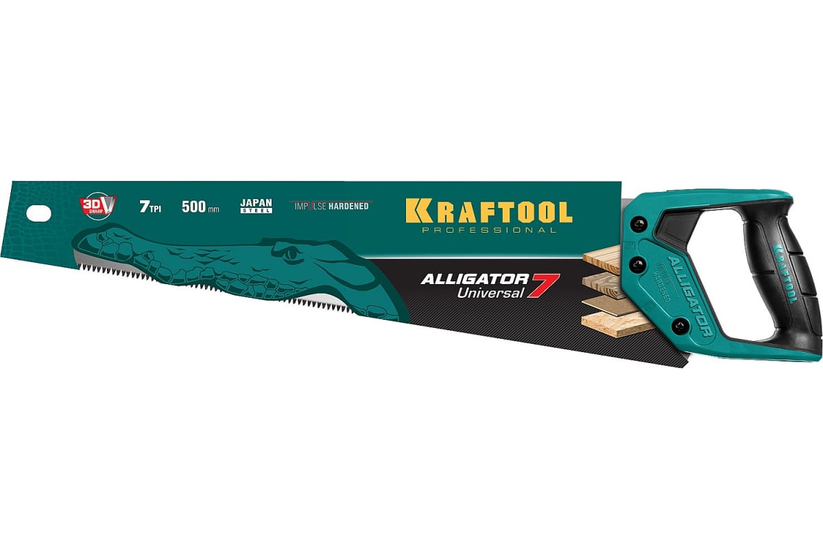 Ножовка KRAFTOOL Alligator 7 универсальная, 500 мм, 7 TPI, 3D зуб, 15004-50_z01