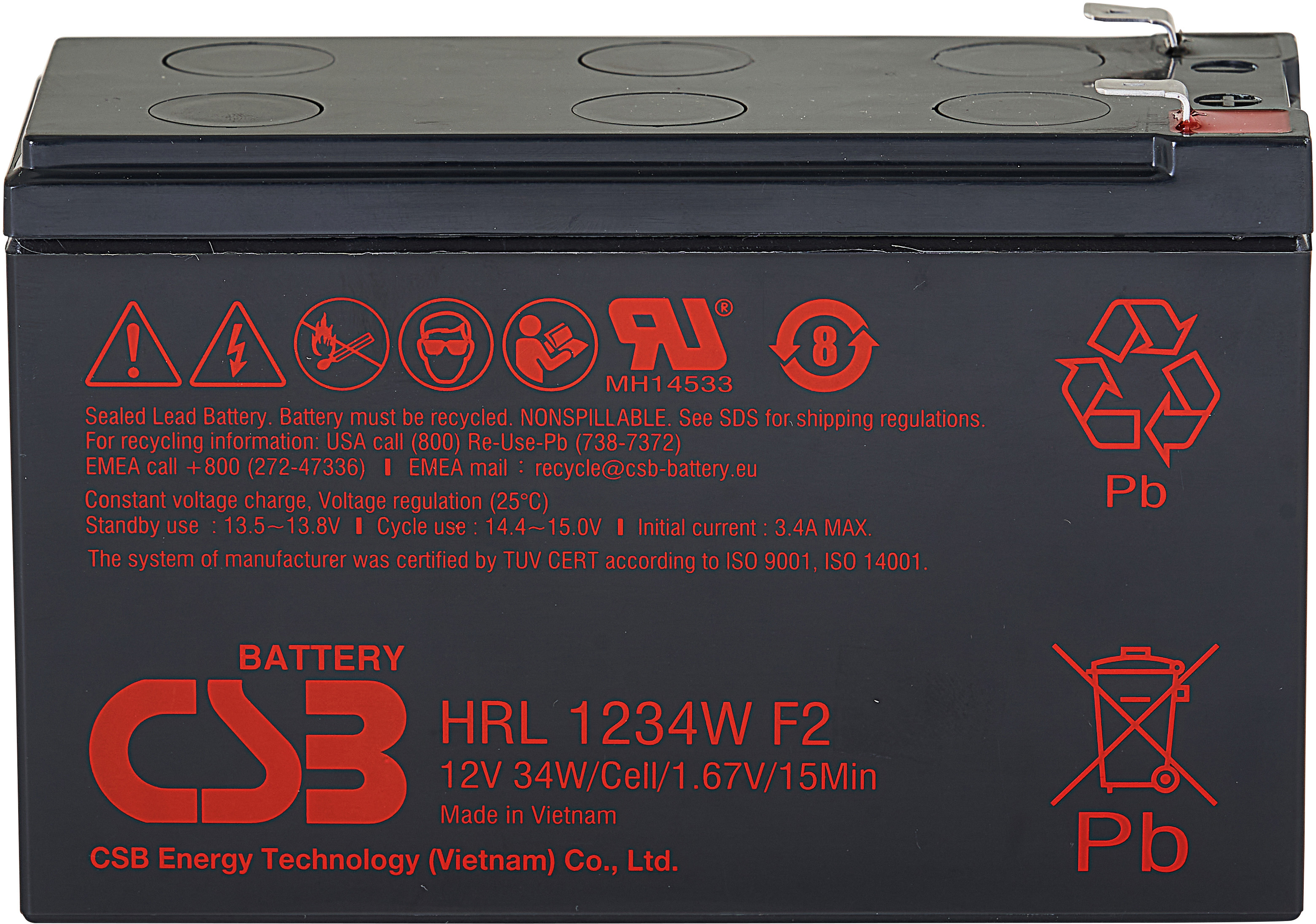 Battery CSB series HRL, HRL1234W F2 FR, voltage 12V, capacity 34 W/C at 15 min. discharge to U con. - 1.67 V/Cel at 25°C, (discharge 20 hours), max. discharge current (5 sec.) 130A, short circuit current 367A, max. charge current 3.4A, lead-acid type AGM, terminals F2, LxWxH 150.9x64.8x98.6mm., weight 2.7kg., service life 5 years, case made of fire-resistant plastic.