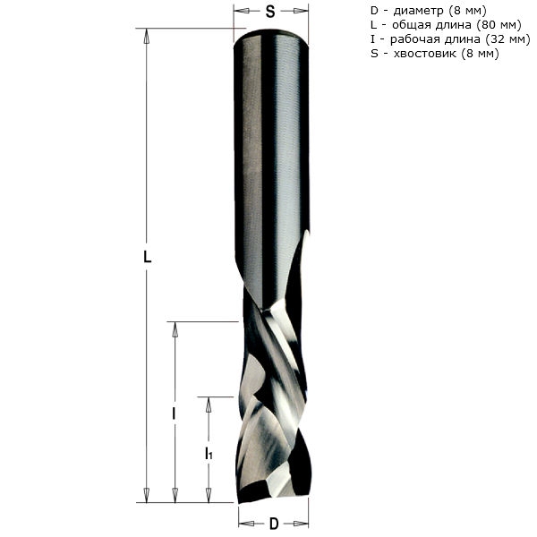 Фреза спиральная монолитная (8x32x80 мм; хвостовик 8 мм; RH) CMT 190.080.11