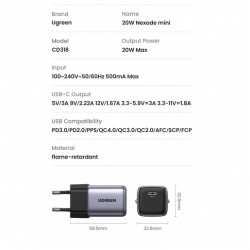 Сетевое зарядное устройство UGREEN CD318 (90664) Nexode Mini 20W PD GaN Tech Charger. Цвет: серый космос