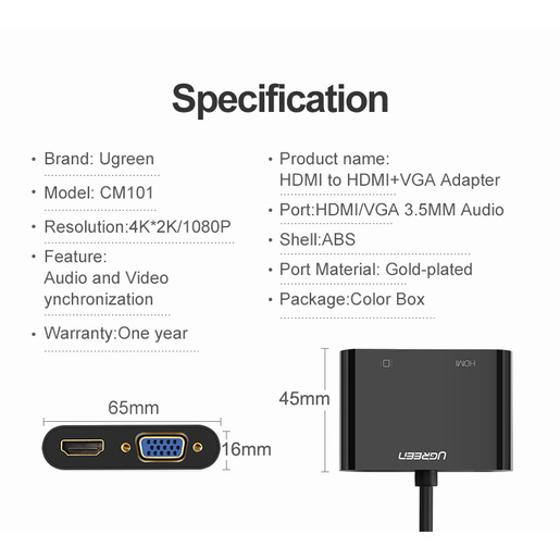 Конвертер UGREEN CM101 (40744) HDMI to VGA + HDMI Converter. Цвет: черный