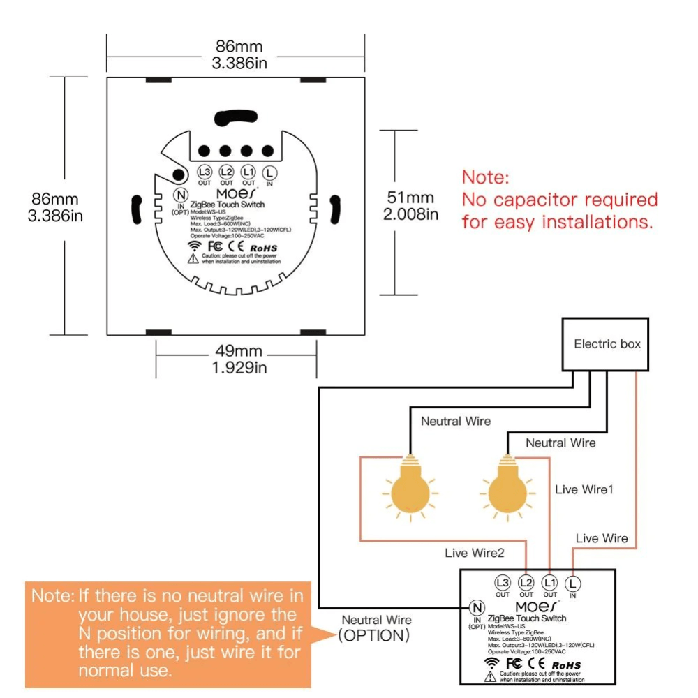Умный выключатель MOES Gang Smart Switch Sensor w/o grounding ZS-EU3, Zigbee, 100-240 В