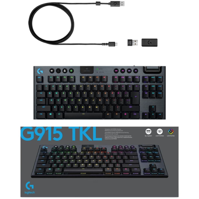 Клавиатура игровая Logitech G915 Tactile черная, беспроводная, механическая (GL Tactile), тонкий корпус, 121 клавиша (17 дополнительных), колесо прокрутки, RGB-подсветка, подключение WL или Bluetooth, кабель 1,8м