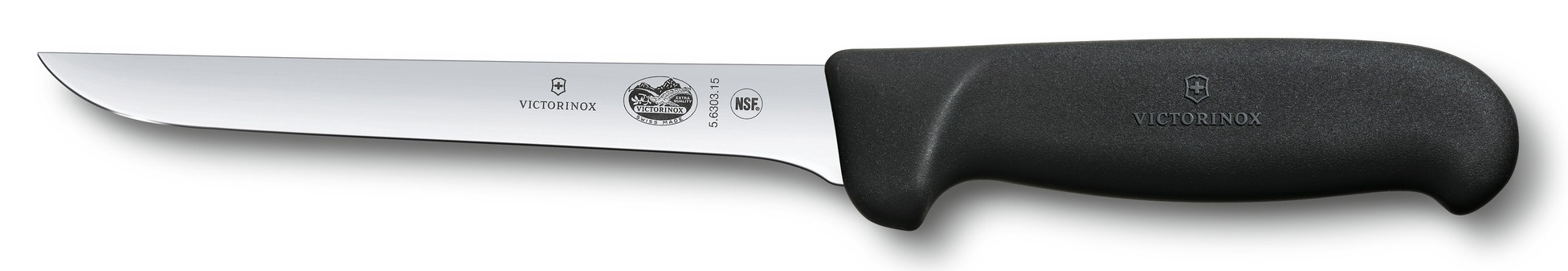 Нож кухонный Victorinox Fibrox (5.6303.15) стальной обвалочный для мяса лезв.150мм прямая заточка черный