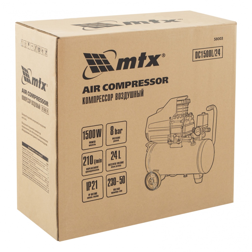 Воздушный компрессор MTX DC1500L/24, 1,5 кВт, 24 л, 210 л/мин 58003