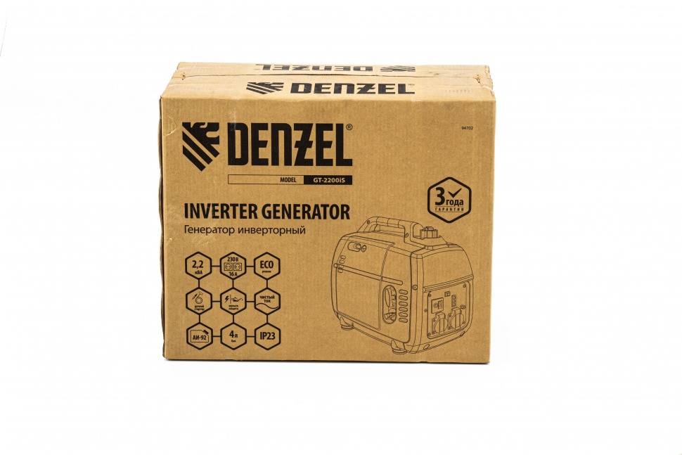 Генератор инверторный GT-2200iS, 2.2 кВт, 230 В, бак 4 л, закрытый корпус, ручной старт Denzel