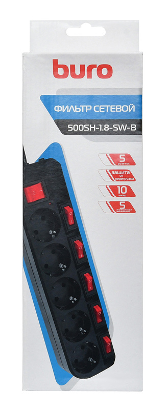 Сетевой фильтр Buro 500SH-1.8-SW-B 1.8м (5 розеток), черный 
