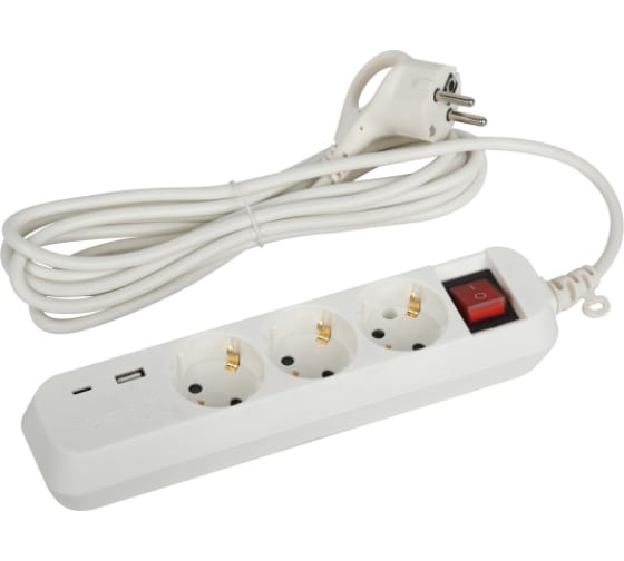 Удлинитель электрический ЭРА Б0052898 UB-3es-3m-USB, белый