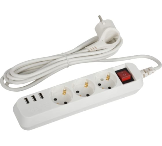 Удлинитель электрический ЭРА Б0052901 U-3es-3m-USB, белый