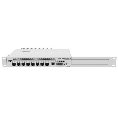 CRS309-1G-8S+IN Cloud Router Switch 309-1G-8S+IN with Dual core 800MHz CPU, 512MB RAM, 1xGigabit LAN, 8 x SFP+ cages, RouterOS L5 or SwitchOS (dual boot), passive desktop case, rackmount ears, PSU