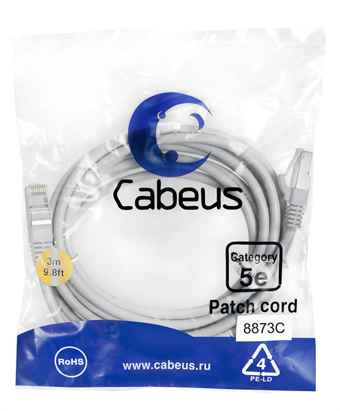 Cabeus PC-FTP-RJ45-Cat.5e-3m-LSZH Патч-корд F/UTP,категория 5е, 2xRJ45/8p8c, экранированный, серый, LSZH, 3м