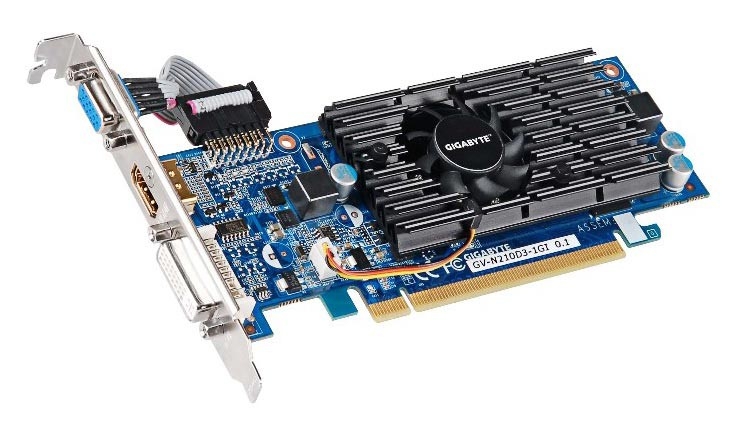 GIGABYTE GeForce 210 520Mhz PCI-E 2.0 1024Mb 1200Mhz 64 bit DVI HDMI HDCP rev. 5.0/ 6.0