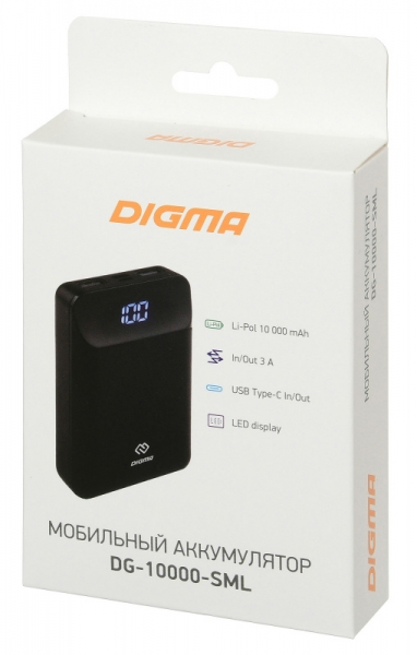 Мобильный аккумулятор Digma DG-10000-SML-B Li-Pol 10000mAh 3A черный 2xUSB