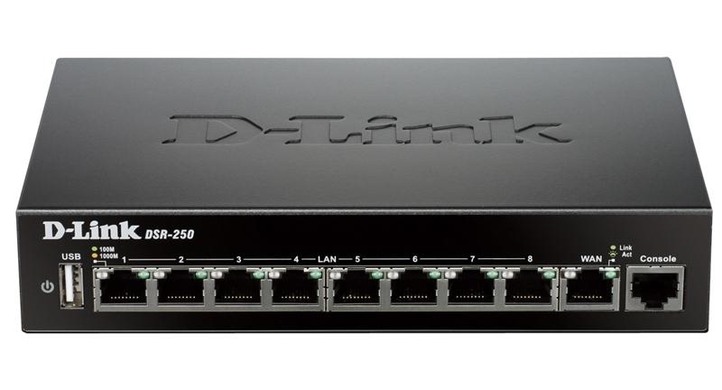 D-Link DSR-250/A1A/A2A/A4A Межсетевой экран 1x10/100/1000Mbps WAN, 8x10/100/1000Mbps LAN, 1xUSB