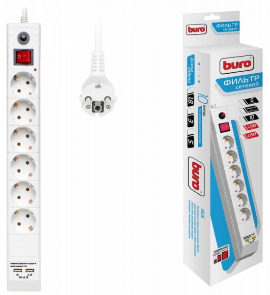 Сетевой фильтр Buro BU-SP1.8_USB_2A-W 1.8м (6 розеток), белый