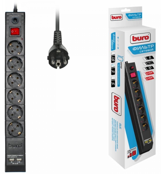 Сетевой фильтр Buro BU-SP3_USB_2A-B (3м, черный, 6 розеток)